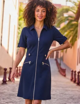 Textured Zip Front Shirt Dress Blue female - Sosandar - FashionsVida