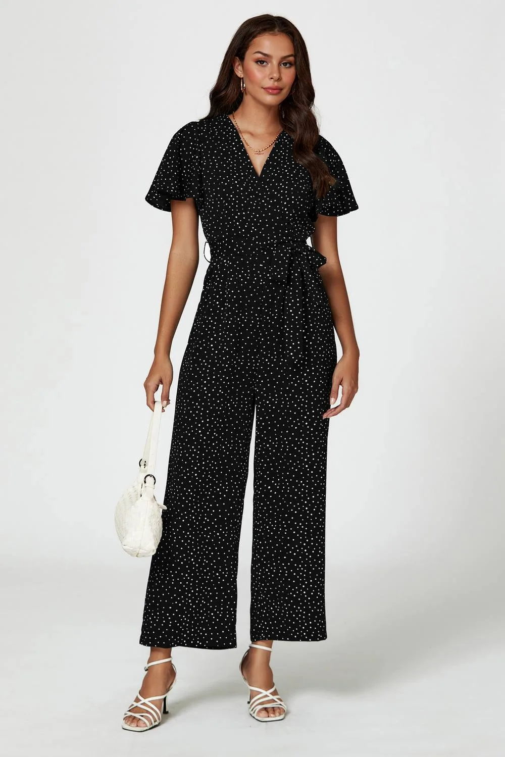 Women's Dot Print Wrap Top Jumpsuit In Black Size: Medium - Black - Size: M - FS Collection - FashionsVida