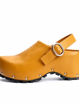 Women's Leather Handmade Platform Clogs with Arch Support, Zipper Detail, Studded Mules, Yellow Leather Slip-On Vintage Shoes - Aliexpress - FashionsVida