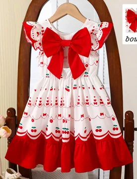 Vestido sin espalda con estampado de cerezas para niñas, silueta vintage dulce tipo A, vestido de verano con estampados brillantes de cerezas y coraz - Shein - FashionsVida