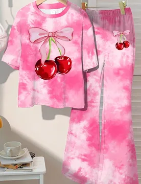 Conjunto de 2 piezas de top de manga corta con lazo y estampado de cereza teñido anudado, y pantalón largo para niñas preadolescentes, adecuado par - Shein - FashionsVida