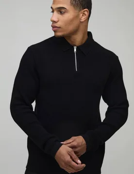 Herren Regular Fit Soft Touch Waffel 1/4 Reißverschluss Gestricktes Poloshirt Black Größe Medium - boohooMAN - FashionsVida