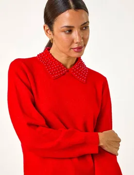 Women's Faux Pearl Collar Jumper in Red Size: 16 - Red - Size: 16 - Roman - FashionsVida