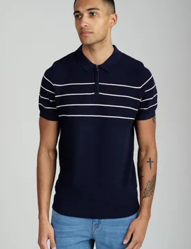 Knitted Stripe Mens Short Sleeve Zip-Up Polo - Kensington - FashionsVida