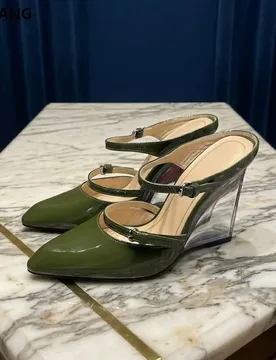 Women Patent Leather Pointed Toe Double Strand Transparent Wedge Heel Muller Sandals Open Back Slip On Summer Casual Dress - Aliexpress - FashionsVida