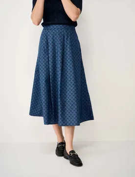 Pure Cotton Printed Midi A-Line Skirt Navy female - Crew Clothing - FashionsVida