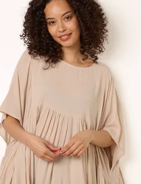 Stone Short Sleeve Slip On Round Neck Top - Stone - Size: One Size - Blue Vanilla - FashionsVida