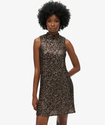 Superdry Damen Ärmelloses A-linien-minikleid mit Pailletten Braun - Größe: 44