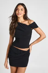 Womens Slinky Ruched Across Front Shoulder Detail Top And Mini Skirt Co-Ord - Black Elastane - Size 6 Uk