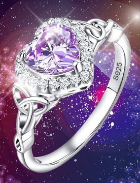 Pieza Anillo de mujer de plata de ley 925 de lujo y elegante con piedra sintética brillante, en forma de corazón de color púrpura, anillo de lealta
