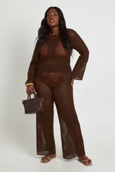 Womens Plus Beach Wide Leg Crochet Trouser - Chocolate - Size 22 Uk