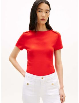 Para mujer. WW0WW49250 Camiseta slim de cuello barco con botones (M), Casual, Algodón, Manga corta