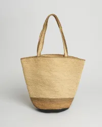 Borsa a secchiello in rafia naturale con fondo a righe nere e marroni