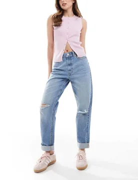 Womens High Rise Relaxed Mom Jeans In Midwash With Knee Rips - Blue - Size 24w/32l - ASOS DESIGN - FashionsVida