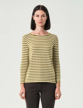 T-shirt color panna a righe verde oliva a maniche lunghe in viscosa stretch - Emme Marella - FashionsVida