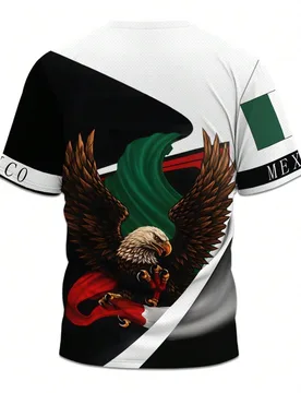 Camiseta de manga corta con estampado de águila mexicana para hombres de talla grande, de corte holgado y cuello redondo, de moda casual para hombres - Shein - FashionsVida