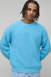 Herren Entspannter Oversized Melange-Jacquard-Strickpullover Blue Größe Small
