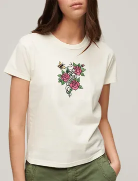 T-shirt à Manches Courtes Tattoo Embroidered Fitted Cream M