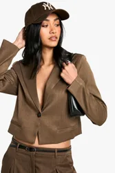 Womens Woven Tailored Boxy Crop Blazer - Mocha - Size 12 Uk