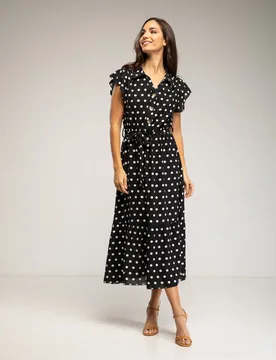 Vestido midi de lunares con botones y volantes en las mangas - Tantra - FashionsVida