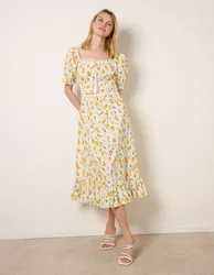 Ditsy Floral Poplin Milkmaid Midi Dress - XL / LEMON - female