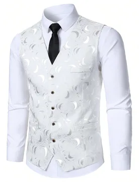 Chaleco de traje de negocios para hombre con estampado de luna, cuello en V y botones delanteros, blanco, ropa formal, chaleco de esmoquin blanco eleg - Shein - FashionsVida