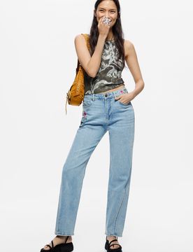 Pantalón vaquero straight flores, Mujer, Algodon, Azul, 34
