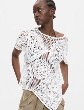 Top Crochet Asimétrico, Mujer, Blanco, S