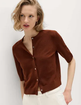 Air-Yarn Button Front Short Sleeve Cropped Cardigan Redwood female - M&S - FashionsVida