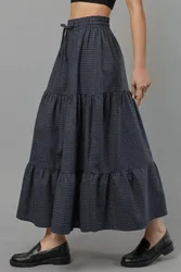 Womens Elastic Waist Check Knotted Tiered Maxi Skirt - Dark Navy - Size Large