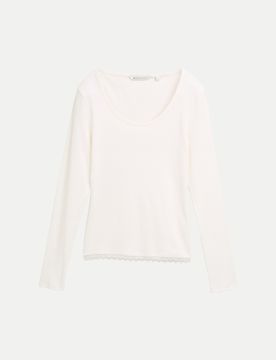 Langarmshirt mit Spitzen-Detail Weiß M