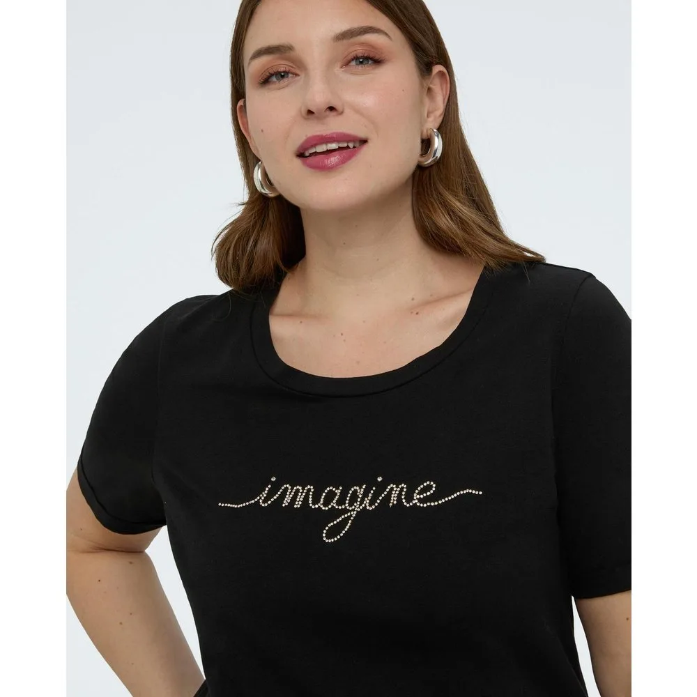 Camiseta de mujer de algodón con letras de cristal bordado - Fiorella Rubino - FashionsVida
