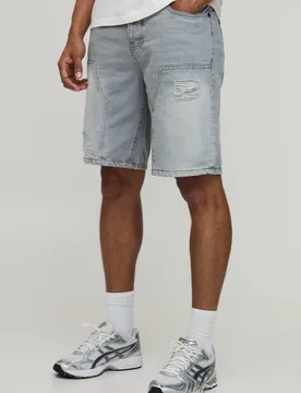 Herren Locker Geschnittene Steife Jeans Hosen-Shorts Mit Paneelen Und Rissen Ice Grey Größe 36 - boohooMAN - FashionsVida