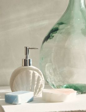 Dispenser per sapone con alloggiamento per spugna e motivo marino - bianco