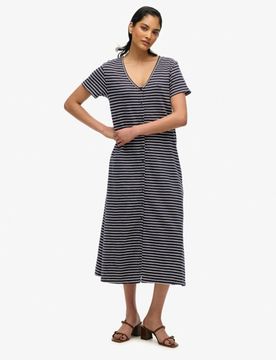 Superdry Damen Kurzärmeliges Midikleid aus Jersey mit Knopfleiste Navy - Größe: 36