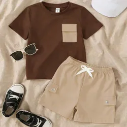 Conjunto de camisas casuales de manga corta y cuello redondo con bloques de color para niños pequeños, verano