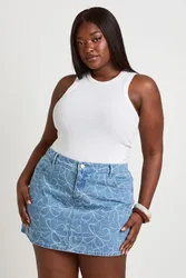 Womens Plus Floral Denim Mini Skirt - Blue - Size 22 Uk
