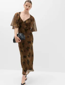 Floral Cape V-Neck Maxi Tea Dress Brown Mix female - M&S - FashionsVida