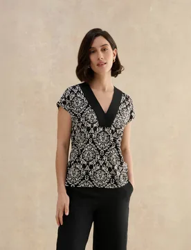 Jersey Printed V-Neck Top Black Mix female - Hobbs - FashionsVida