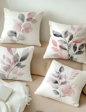 Fundas de almohada con estampado de hojas en acuarela gris y rosa, de 17.7*17.7in(45*45cm)/19.69*19.69in(50*50cm)/15.75*15.75in(40*40cm), impresión d - Shein - FashionsVida