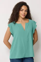 Frill Sleeve Blouse - Turquoise - Size: 14