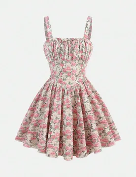 Vestido de camiseta con estampado floral, busto fruncido, en color rosa para adolescentes, dulce, lindo, para fiestas, vacaciones, verano - Shein - FashionsVida