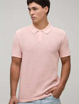 Herren Normal Geschnittenes Strukturiertes Strick-Poloshirt Mit Knopfleiste Pink Größe Small - boohooMAN - FashionsVida