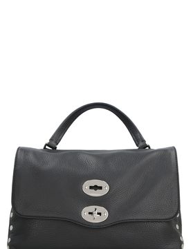 Postman S Grainy Calf Leather Handbag with Studded Flap and Crossbody Strap