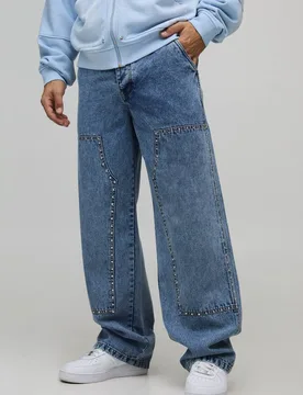 Men's Relaxed Fit Carpenter Studded Jeans Light Blue Size 32R Light Blue 32R - boohooMAN - FashionsVida