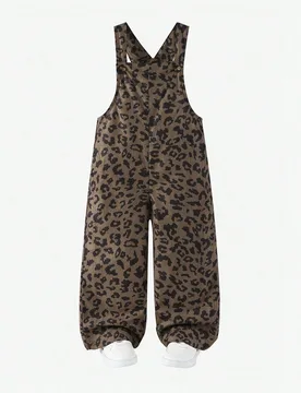 Pantalones peto con estampado de leopardo para niñas jóvenes, pana marrón café, corte holgado, diseño de tirantes con botones, para volver a la e - Shein - FashionsVida
