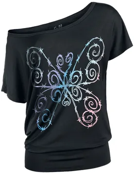 T-Shirt - T-Shirt mit buntem Stacheldraht-Schmetterling - XL bis 4XL - für Damen - Größe XL - schwarz - Frauen - female - Full Volume by EMP - FashionsVida