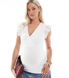 Womens Maternity 2 Function Jersey Top With Broderie Sleeve Detail In White - Size X-Small