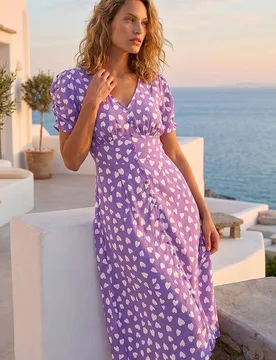 Women's Heart Print Ruched Midi Dress in Lilac Size: 20 - Lilac - Size: 20 - Roman - FashionsVida