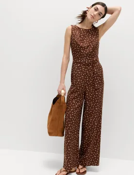 Linen Blend Printed Belted Jumpsuit Brown Mix female - M&S - FashionsVida